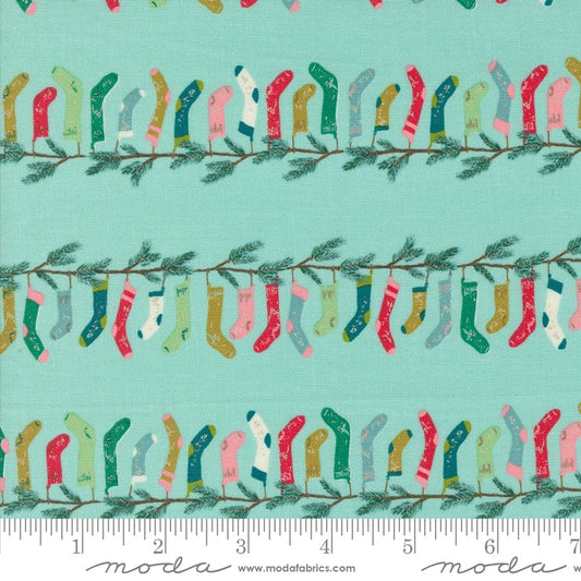Cotton quilting fabric pattern called 'Stocking Stripe in Icicle'. Part of the 'Cozy Wonderland' fabric collection. Designed by Fancy That Design House for fabric company Moda. SKU: 45592 17. 44-45 inch width.