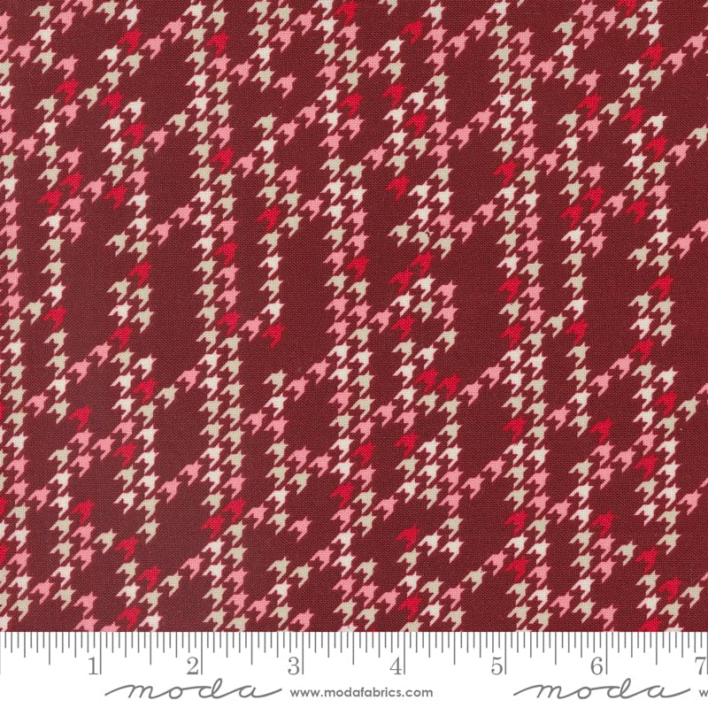 Cotton quilting fabric pattern called 'Houndstooth Party in Burgundy'. Part of the 'Cozy Wonderland' fabric collection. Designed by Fancy That Design House for fabric company Moda. SKU: 45598 13. 44-45 inch width.