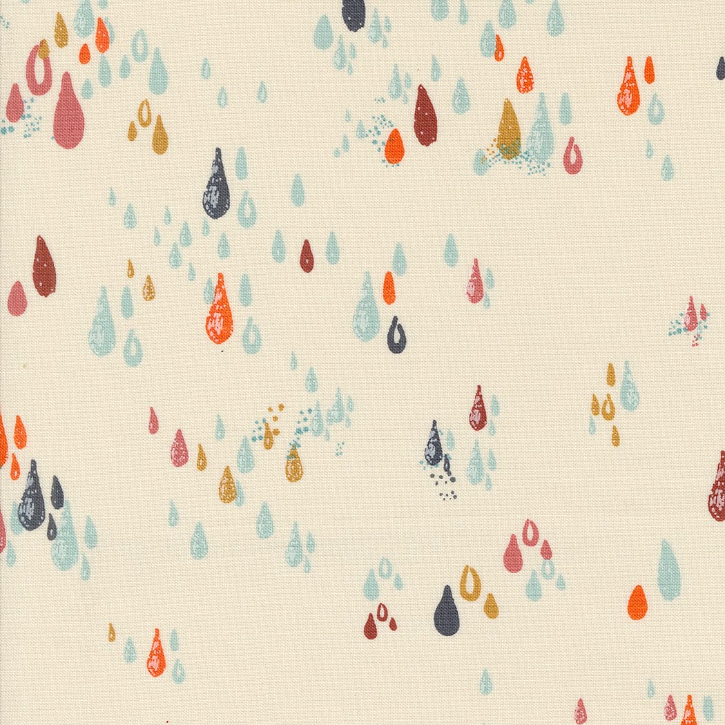 Cotton quilting fabric pattern called 'Drops in Eggshell'. Part of the 'Things Above' fabric collection. Designed by Fancy That Design House for fabric company MODA. SKU: 45617 11. 44-45 inch width.