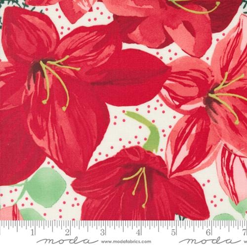 Cotton quilting fabric pattern called 'Christmas Lily in Cream'. Part of the 'Winterly' fabric collection. Designed by Robin Pickens for fabric company Moda. SKU: 48760 11. 44-45 inch width.