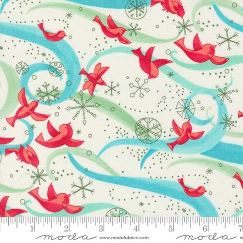 Cotton quilting fabric pattern called 'Birds with Ribbons in Cream'. Part of the 'Winterly' fabric collection. Designed by Robin Pickens for fabric company Moda. SKU: 48761 11. 44-45 inch width.