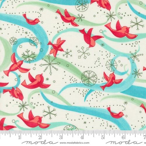 Cotton quilting fabric pattern called 'Birds with Ribbons in Cream'. Part of the 'Winterly' fabric collection. Designed by Robin Pickens for fabric company Moda. SKU: 48761 11. 44-45 inch width.