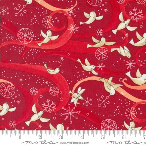 Cotton quilting fabric pattern called 'Birds with Ribbons in Crimson'. Part of the 'Winterly' fabric collection. Designed by Robin Pickens for fabric company Moda. SKU: 48761 16. 44-45 inch width.