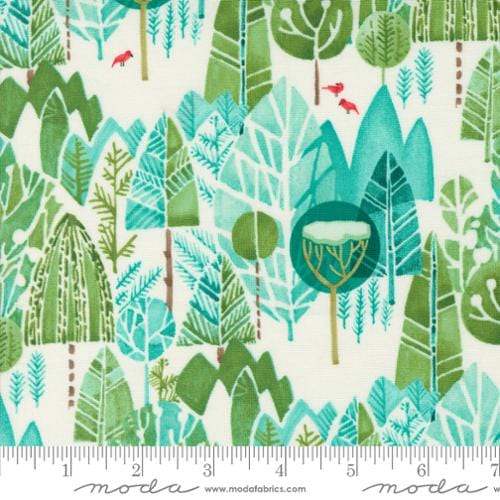 Cotton quilting fabric pattern called 'Winter Landscape in Cream'. Part of the 'Winterly' fabric collection. Designed by Robin Pickens for fabric company Moda. SKU: 48762 11. 44-45 inch width.