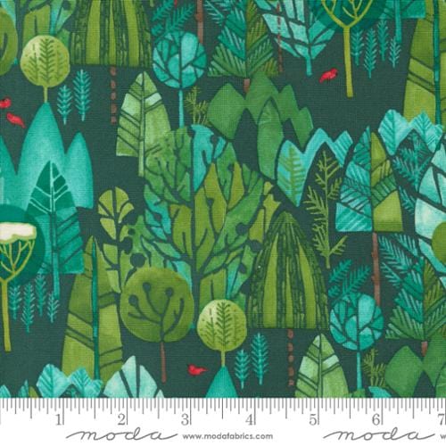Cotton quilting fabric pattern called 'Winter Landscape in Spruce'. Part of the 'Winterly' fabric collection. Designed by Robin Pickens for fabric company Moda. SKU: 48762 18. 44-45 inch width.