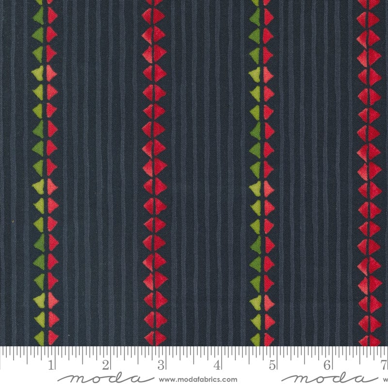 Cotton quilting fabric pattern called 'Christmas Ribbon in Soft Black'. Part of the 'Winterly' fabric collection. Designed by Robin Pickens for fabric company Moda. SKU: 48763 19. 44-45 inch width.