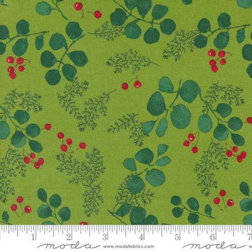 Cotton quilting fabric pattern called 'Greenery and Berries in Grass'. Part of the 'Winterly' fabric collection. Designed by Robin Pickens for fabric company Moda. SKU: 48764 13. 44-45 inch width.