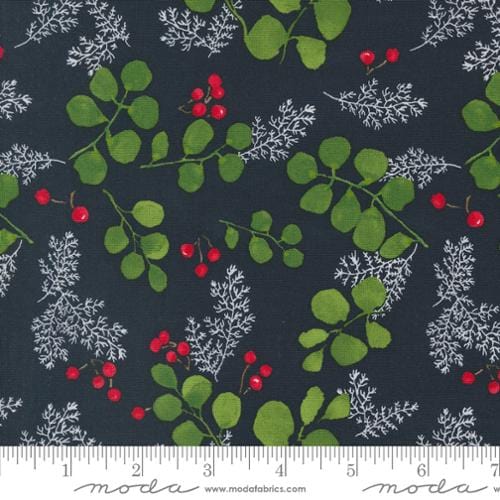 Cotton quilting fabric pattern called 'Greenery and Berries in Soft Black'. Part of the 'Winterly' fabric collection. Designed by Robin Pickens for fabric company Moda. SKU: 48764 19. 44-45 inch width.
