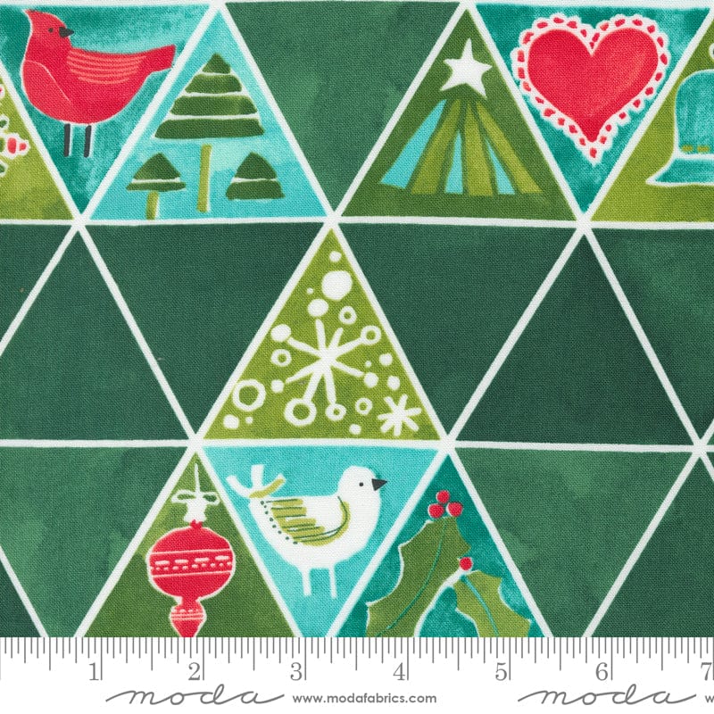 Cotton quilting fabric pattern called 'Christmas Tree Mosaic in Spruce'. Part of the 'Winterly' fabric collection. Designed by Robin Pickens for fabric company Moda. SKU: 48765 19. 44-45 inch width.