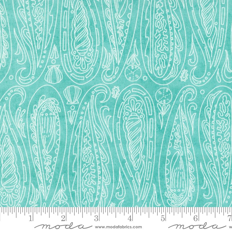 Cotton quilting fabric pattern called 'Paisley Shells in Aqua'. Part of the 'Serena Shores' fabric collection. Designed by Robin Pickens for fabric company Moda. SKU: 48772 21. 44-45 inch width.