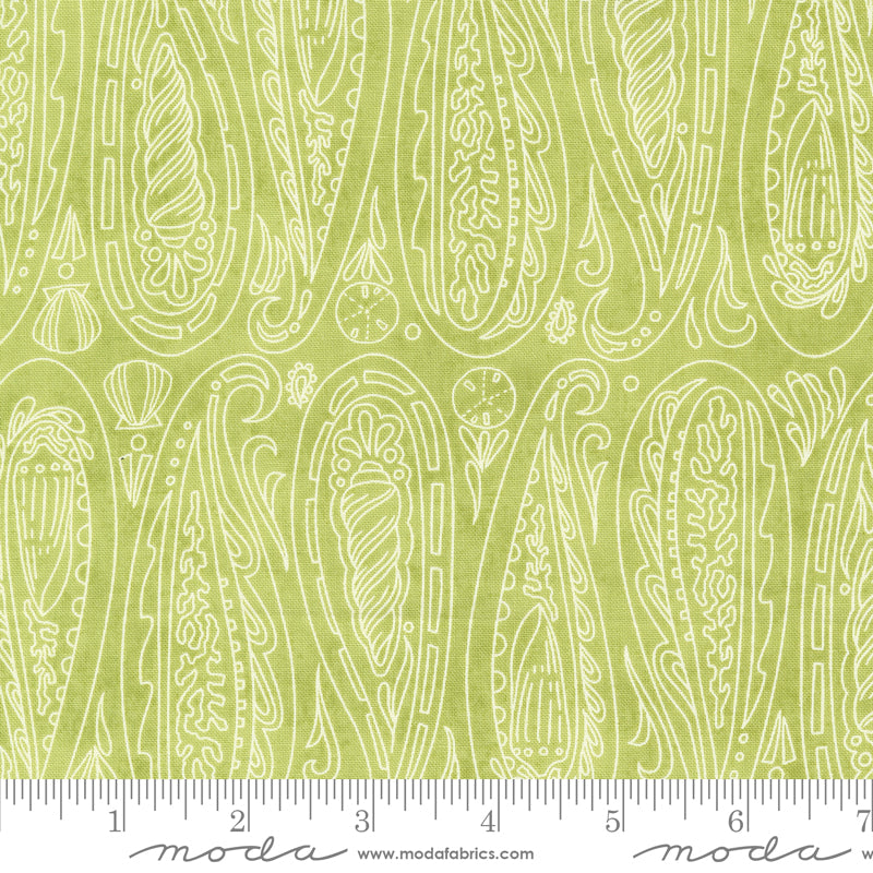 Cotton quilting fabric pattern called 'Paisley Shells in Kelp'. Part of the 'Serena Shores' fabric collection. Designed by Robin Pickens for fabric company Moda. SKU: 48772 24. 44-45 inch width.