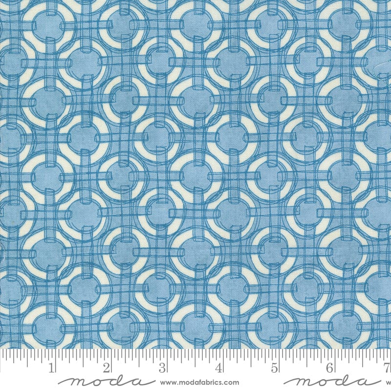 Cotton quilting fabric pattern called 'Linked Rings in Breeze'. Part of the 'Serena Shores' fabric collection. Designed by Robin Pickens for fabric company Moda. SKU: 48775 16. 44-45 inch width.