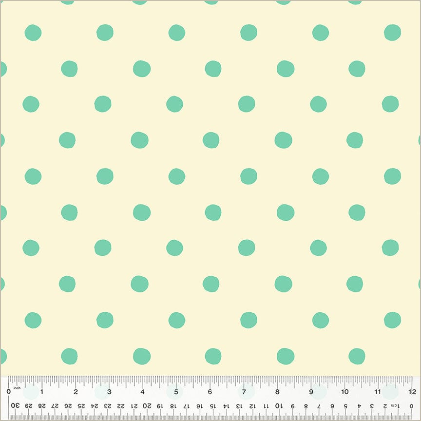 A closeup shot of the quilting fabric pattern called Dots, designed by Heather Ross, in the aqua colorway. The SKU is 50169D-1.
