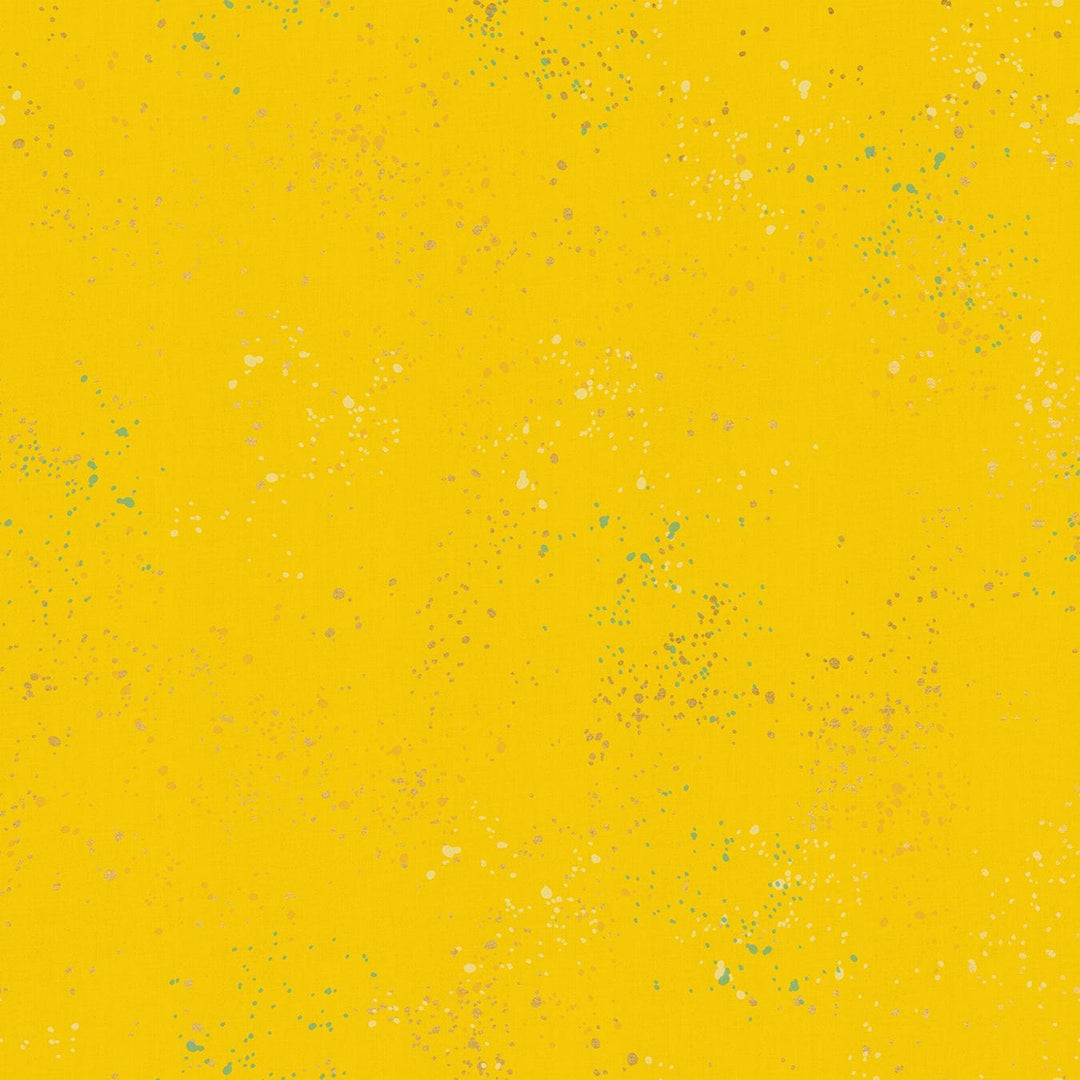 Cotton quilting fabric pattern called 'Sunshine'. Part of the 'Speckled Metallic' fabric collection. Designed by Rashida Coleman Hale of Ruby Star Society for fabric company Moda Fabrics. SKU: RS5027 71M. 44-45 inch width.