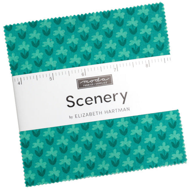 5" x 5" Scenery Charm Pack by Elizabeth Hartman for Moda Fabrics. Part of the Scenery quilting fabric collection.