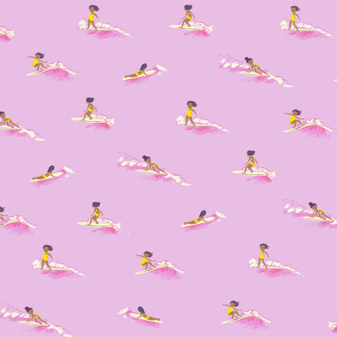 A closeup shot of the quilting fabric pattern called Tiny Surfers, designed by Heather Ross, in the pink colorway. The SKU is 52146-7.