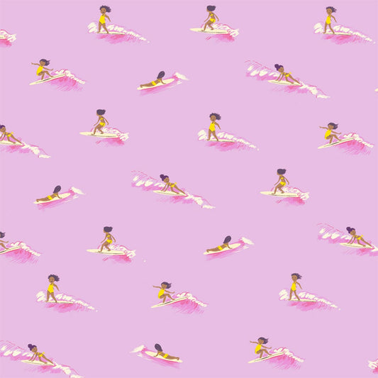 A closeup shot of the quilting fabric pattern called Tiny Surfers, designed by Heather Ross, in the pink colorway. The SKU is 52146-7.