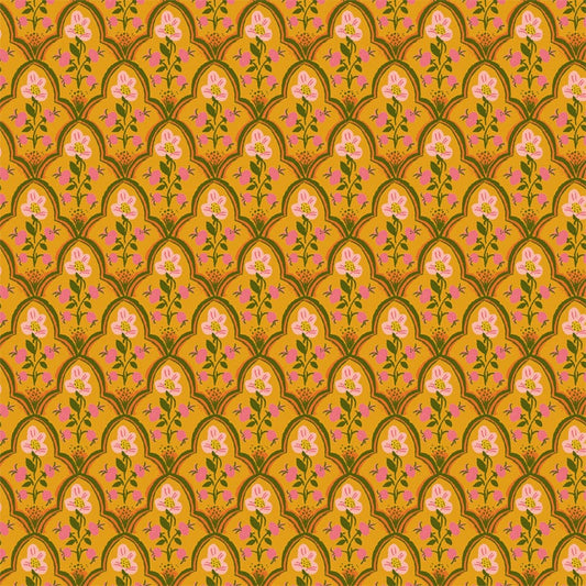 A closeup shot of the quilting fabric pattern called Wood Block, designed by Heather Ross, in the olive colorway. The SKU is 52151-20.