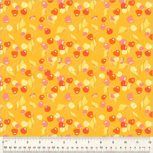 High Density Cotton quilting fabric pattern called 'Cherry Picking in Mandarin'. Part of the 'Summersault' fabric collection. Designed by Tamara Kate for the Windham Fabrics fabric company. SKU: 53757-5. 44-45 inch width.
