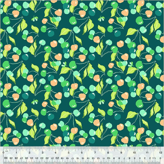 High Density Cotton quilting fabric pattern called 'Cherry Picking in Eden'. Part of the 'Summersault' fabric collection. Designed by Tamara Kate for the Windham Fabrics fabric company. SKU: 53757-6. 44-45 inch width.