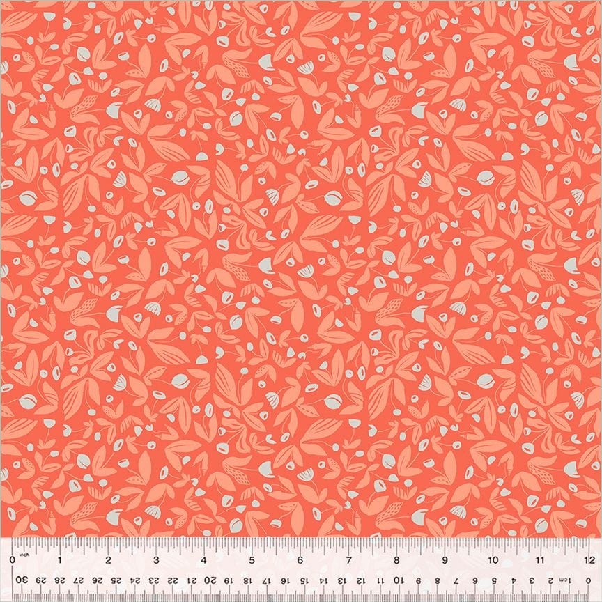 High Density Cotton quilting fabric pattern called 'Barefoot in Coral'. Part of the 'Summersault' fabric collection. Designed by Tamara Kate for the Windham Fabrics fabric company. SKU: 53759-9. 44-45 inch width.