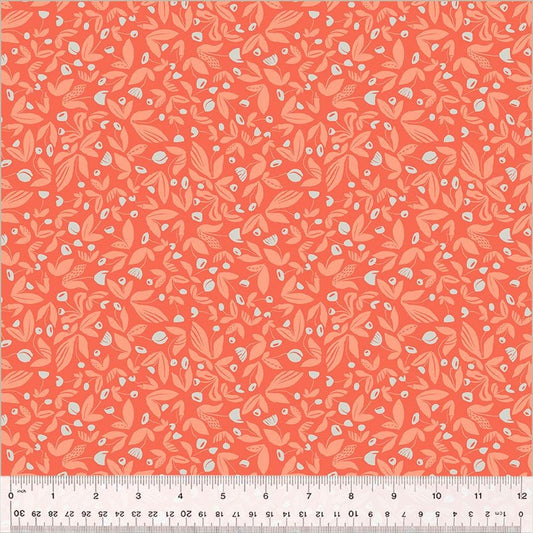 High Density Cotton quilting fabric pattern called 'Barefoot in Coral'. Part of the 'Summersault' fabric collection. Designed by Tamara Kate for the Windham Fabrics fabric company. SKU: 53759-9. 44-45 inch width.