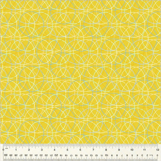 High Density Cotton quilting fabric pattern called 'Hoolahoop in Gold'. Part of the 'Summersault' fabric collection. Designed by Tamara Kate for the Windham Fabrics fabric company. SKU: 53760-10. 44-45 inch width.