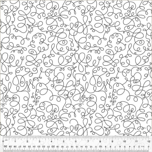 Cotton quilting fabric pattern called 'Just Begin in White'. Part of the 'Bliss' fabric collection. Designed by Virginia Kraljevic for fabric company Windham Fabrics. SKU: 53985-1. 44-45 inch width.