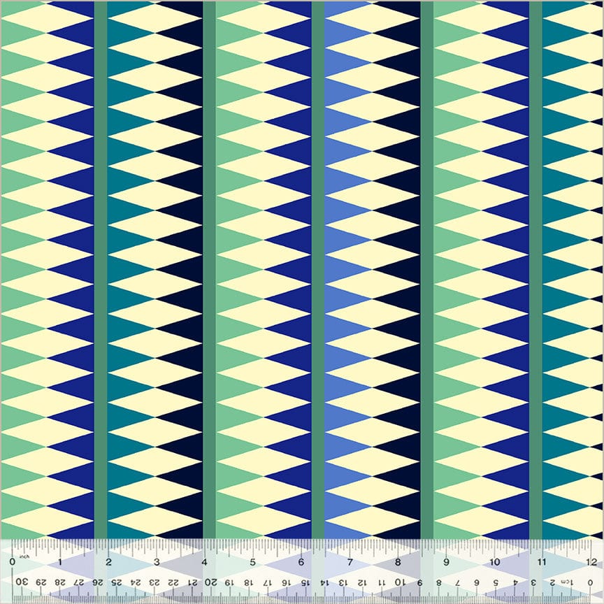 Cotton quilting fabric pattern called 'Trove in Vanilla Custard'. Part of the 'Kaleidoscope' fabric collection. Designed by Annabel Wrigley for fabric company Windham Fabrics. SKU: 54119D-9. 44-45 inch width.