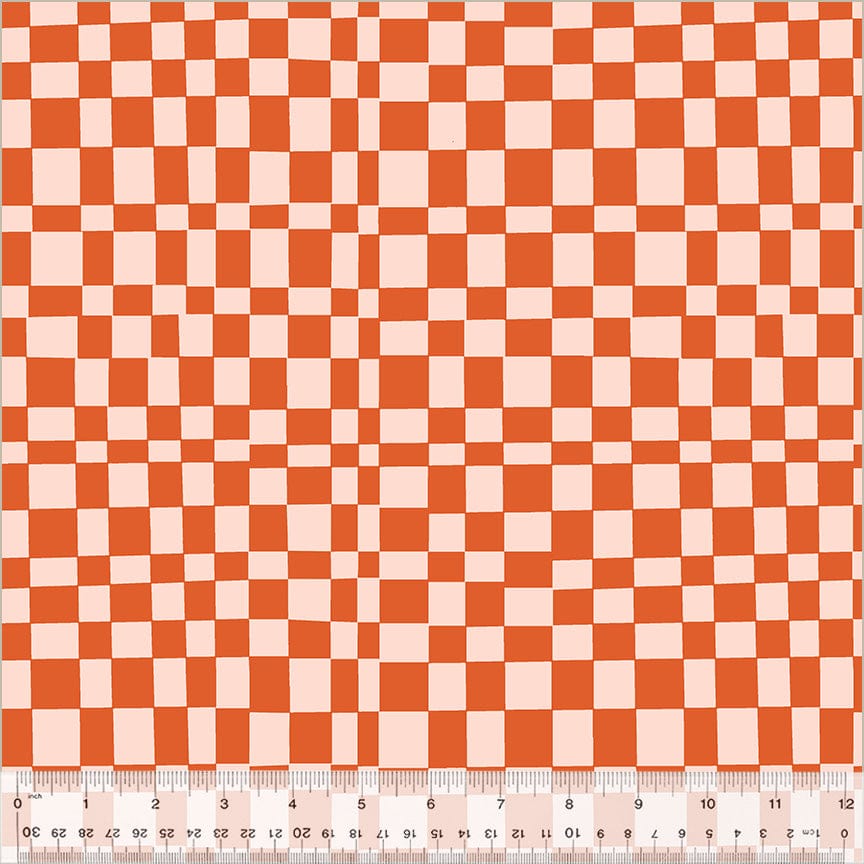 Cotton quilting fabric pattern called 'Checker in Mandarin/Blush'. Part of the 'Kaleidoscope' fabric collection. Designed by Annabel Wrigley for fabric company Windham Fabrics. SKU: 54120D-12. 44-45 inch width.