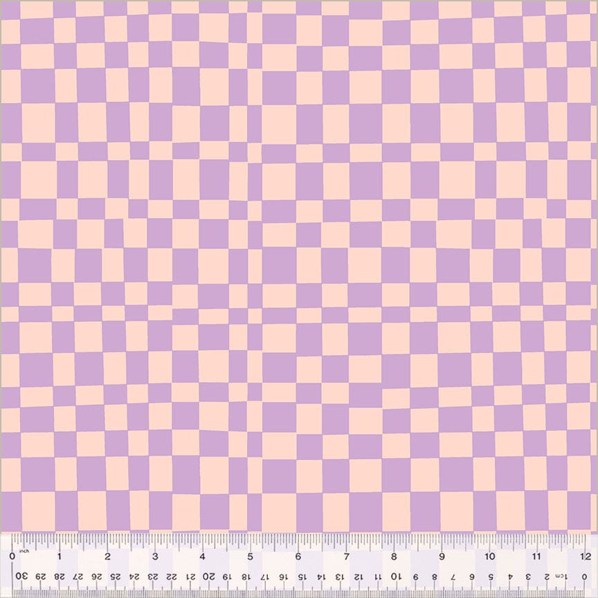 Cotton quilting fabric pattern called 'Checker in Blush/Vervain'. Part of the 'Kaleidoscope' fabric collection. Designed by Annabel Wrigley for fabric company Windham Fabrics. SKU: 54120D-3. 44-45 inch width.