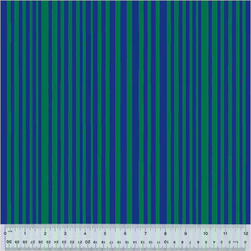 Cotton quilting fabric pattern called 'Mini Stripe in Majorelle Blue/Kelp'. Part of the 'Kaleidoscope' fabric collection. Designed by Annabel Wrigley for fabric company Windham Fabrics. SKU: 54121D-5. 44-45 inch width.