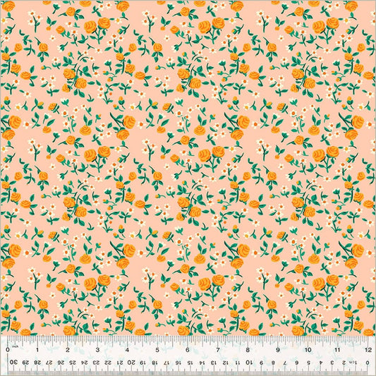 Cotton quilting fabric pattern called 'Mousy Floral in Blush'. Part of the 'Heather Ross By Hand' fabric collection. Designed by Heather Ross for fabric company Windham Fabrics. SKU: 54255D-6. 44-45 inch width.