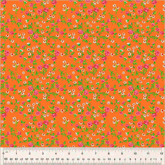 Cotton quilting fabric pattern called 'Mousy Floral in Tangerine'. Part of the 'Heather Ross By Hand' fabric collection. Designed by Heather Ross for fabric company Windham Fabrics. SKU: 54255D-7. 44-45 inch width.