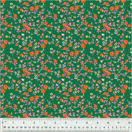 Cotton quilting fabric pattern called 'Mousy Floral in Emerald'. Part of the 'Heather Ross By Hand' fabric collection. Designed by Heather Ross for fabric company Windham Fabrics. SKU: 54255D-8. 44-45 inch width.