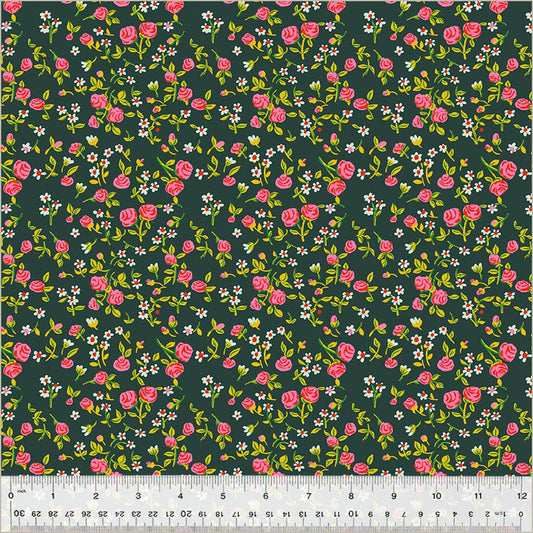Cotton quilting fabric pattern called 'Mousy Floral in Pasture'. Part of the 'Heather Ross By Hand' fabric collection. Designed by Heather Ross for fabric company Windham Fabrics. SKU: 54255D-9. 44-45 inch width.