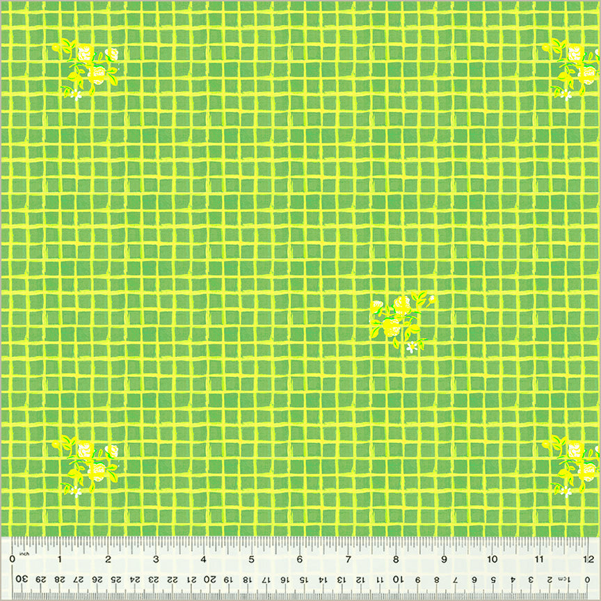 Cotton quilting fabric pattern called 'Windowpane in Green'. Part of the 'Heather Ross By Hand' fabric collection. Designed by Heather Ross for fabric company Windham Fabrics. SKU: 54256D-10. 44-45 inch width.