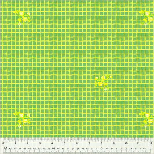 Cotton quilting fabric pattern called 'Windowpane in Green'. Part of the 'Heather Ross By Hand' fabric collection. Designed by Heather Ross for fabric company Windham Fabrics. SKU: 54256D-10. 44-45 inch width.