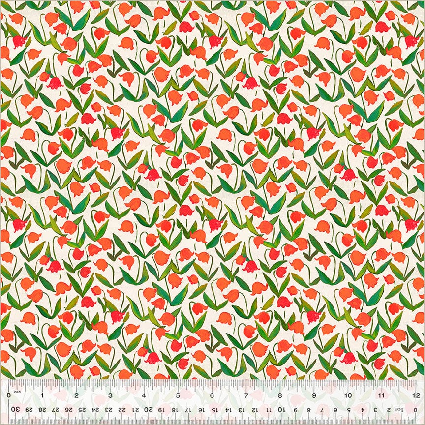 Cotton quilting fabric pattern called 'Flowerbed in Cotton'. Part of the 'Heather Ross By Hand' fabric collection. Designed by Heather Ross for fabric company Windham Fabrics. SKU: 54257D-11. 44-45 inch width.