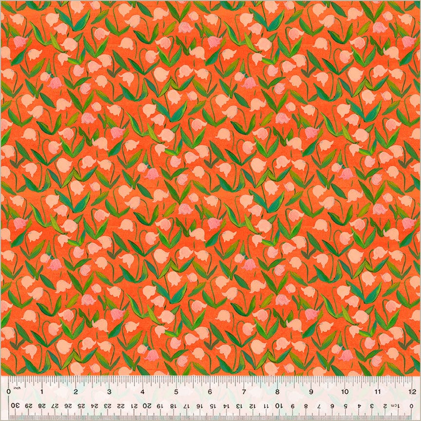 Cotton quilting fabric pattern called 'Flowerbed in Coral'. Part of the 'Heather Ross By Hand' fabric collection. Designed by Heather Ross for fabric company Windham Fabrics. SKU: 54257D-12. 44-45 inch width.