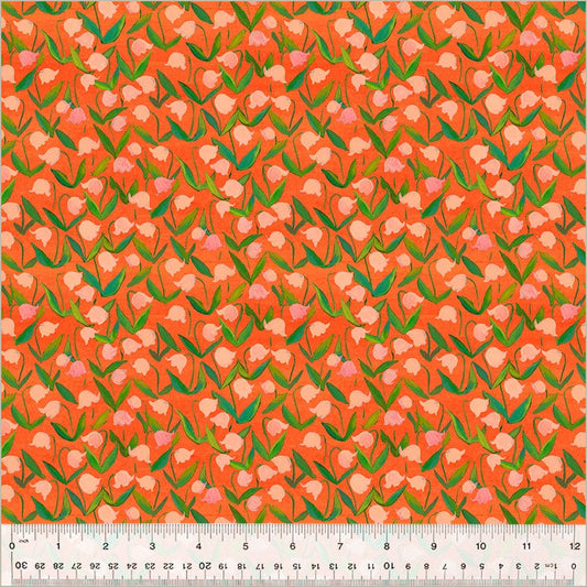 Cotton quilting fabric pattern called 'Flowerbed in Coral'. Part of the 'Heather Ross By Hand' fabric collection. Designed by Heather Ross for fabric company Windham Fabrics. SKU: 54257D-12. 44-45 inch width.
