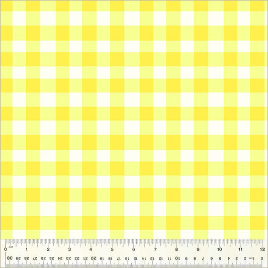 Cotton quilting fabric pattern called 'Essential Gingham in Lemon'. Part of the 'Heather Ross By Hand' fabric collection. Designed by Heather Ross for fabric company Windham Fabrics. SKU: 54258D-13. 44-45 inch width.