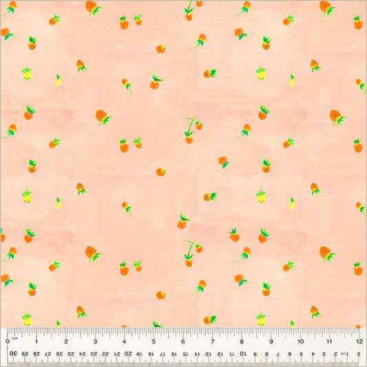 Cotton quilting fabric pattern called 'Wild Strawberries in Blush'. Part of the 'Heather Ross By Hand' fabric collection. Designed by Heather Ross for fabric company Windham Fabrics. SKU: 54259D-6. 44-45 inch width.