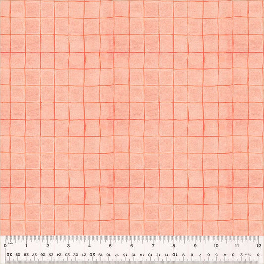 Cotton quilting fabric pattern called 'Drawn Plaid in Salmon'. Part of the 'Heather Ross By Hand' fabric collection. Designed by Heather Ross for fabric company Windham Fabrics. SKU: 54260D-3. 44-45 inch width.