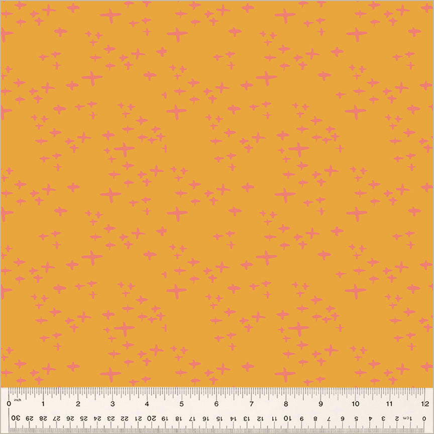 Cotton quilting fabric pattern called 'Glimmer in Tangerine'. Part of the 'Moonlit' fabric collection. Designed by Jennifer Moore / Monaluna for fabric company Windham Fabrics. SKU: 54289-12. 44-45 inch width.