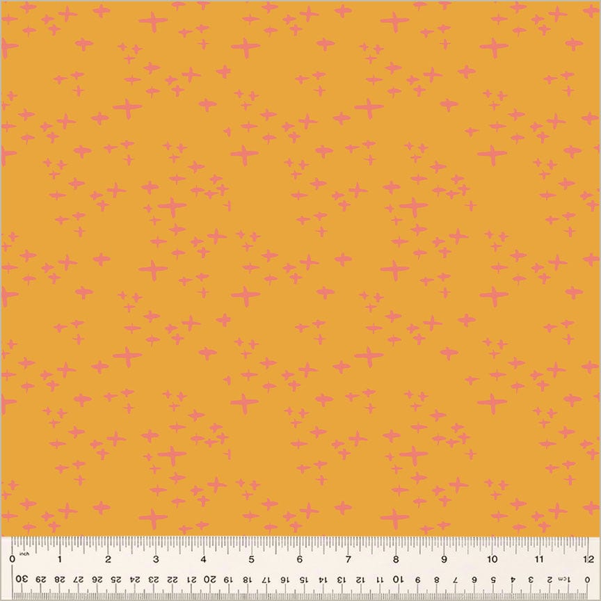 Cotton quilting fabric pattern called 'Glimmer in Tangerine'. Part of the 'Moonlit' fabric collection. Designed by Jennifer Moore / Monaluna for fabric company Windham Fabrics. SKU: 54289-12. 44-45 inch width.