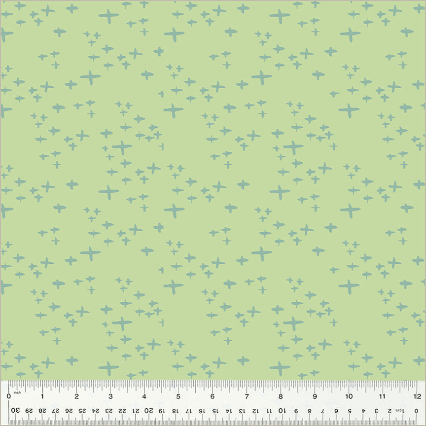 Cotton quilting fabric pattern called 'Glimmer in Celery'. Part of the 'Moonlit' fabric collection. Designed by Jennifer Moore / Monaluna for fabric company Windham Fabrics. SKU: 54289-16. 44-45 inch width.