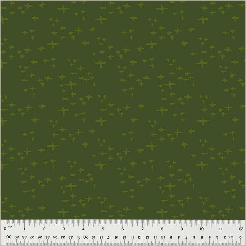 Cotton quilting fabric pattern called 'Glimmer in Grassy'. Part of the 'Moonlit' fabric collection. Designed by Jennifer Moore / Monaluna for fabric company Windham Fabrics. SKU: 54289-18. 44-45 inch width.