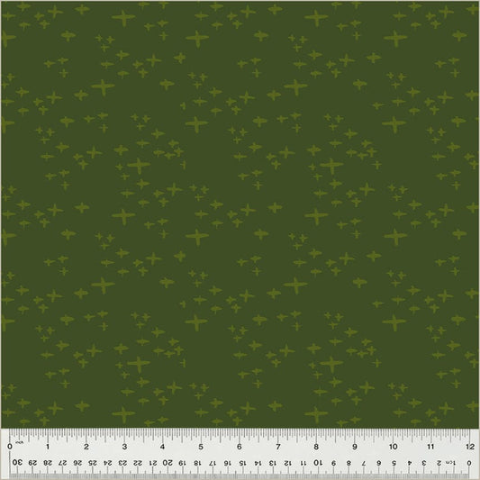 Cotton quilting fabric pattern called 'Glimmer in Grassy'. Part of the 'Moonlit' fabric collection. Designed by Jennifer Moore / Monaluna for fabric company Windham Fabrics. SKU: 54289-18. 44-45 inch width.