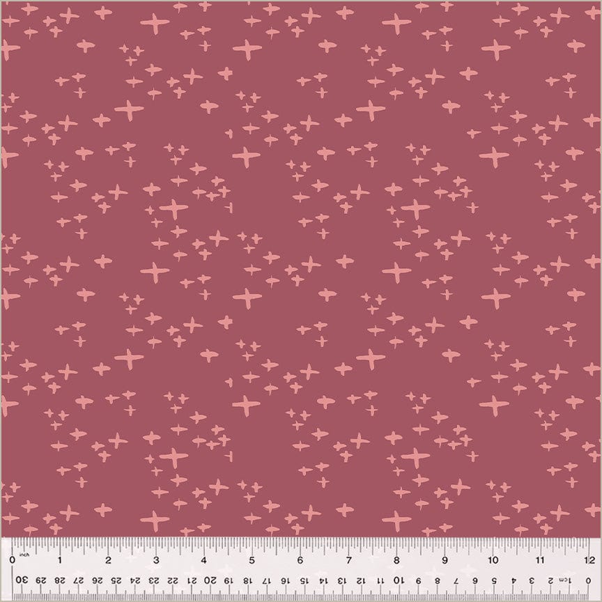 Cotton quilting fabric pattern called 'Glimmer in Plum'. Part of the 'Moonlit' fabric collection. Designed by Jennifer Moore / Monaluna for fabric company Windham Fabrics. SKU: 54289-3. 44-45 inch width.